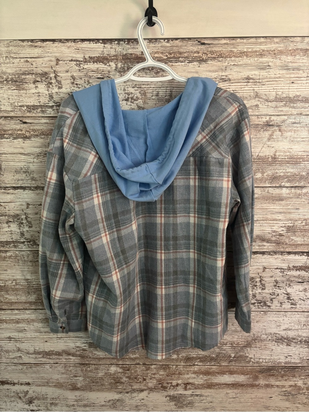 Blue Plaid Hooded Button-Up Shirt - Picture 3 of 3